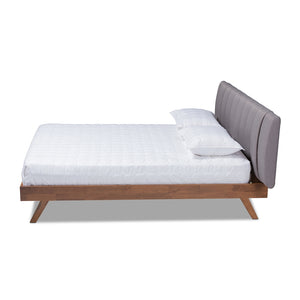 Baxton Studio Brita Mid-Century Modern Grey Fabric Upholstered Walnut Finished Wood King Size Bed