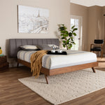 Load image into Gallery viewer, BAXTON STUDIO BRITA MID-CENTURY MODERN GREY FABRIC UPHOLSTERED WALNUT FINISHED WOOD QUEEN SIZE BED
