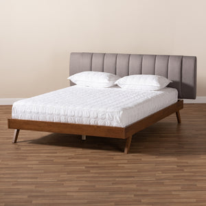 Baxton Studio Brita Mid-Century Modern Grey Fabric Upholstered Walnut Finished Wood King Size Bed