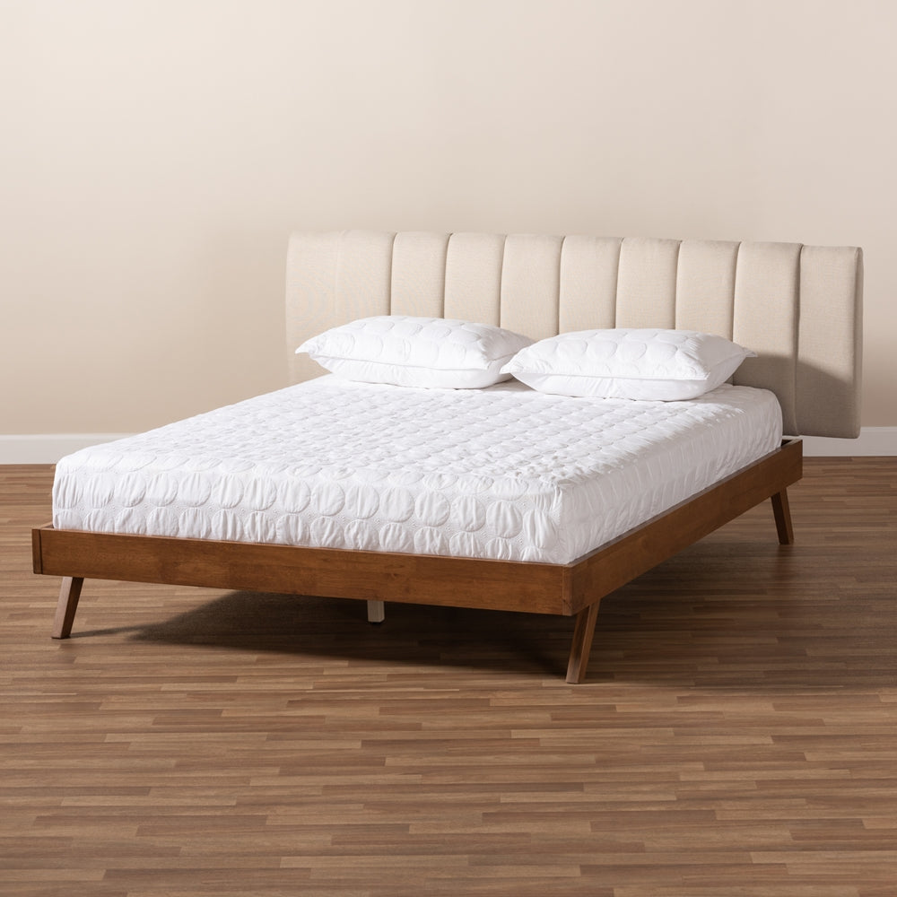 Baxton Studio Brita Mid-Century Modern Light Beige Fabric Upholstered Walnut Finished Wood King Size Bed