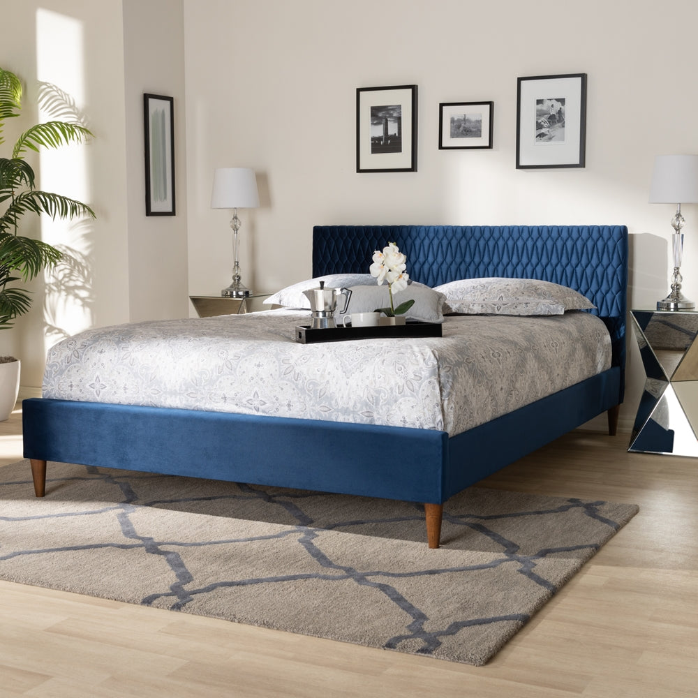 BAXTON STUDIO FRIDA GLAM AND LUXE ROYAL BLUE VELVET FABRIC UPHOLSTERED QUEEN SIZE BED