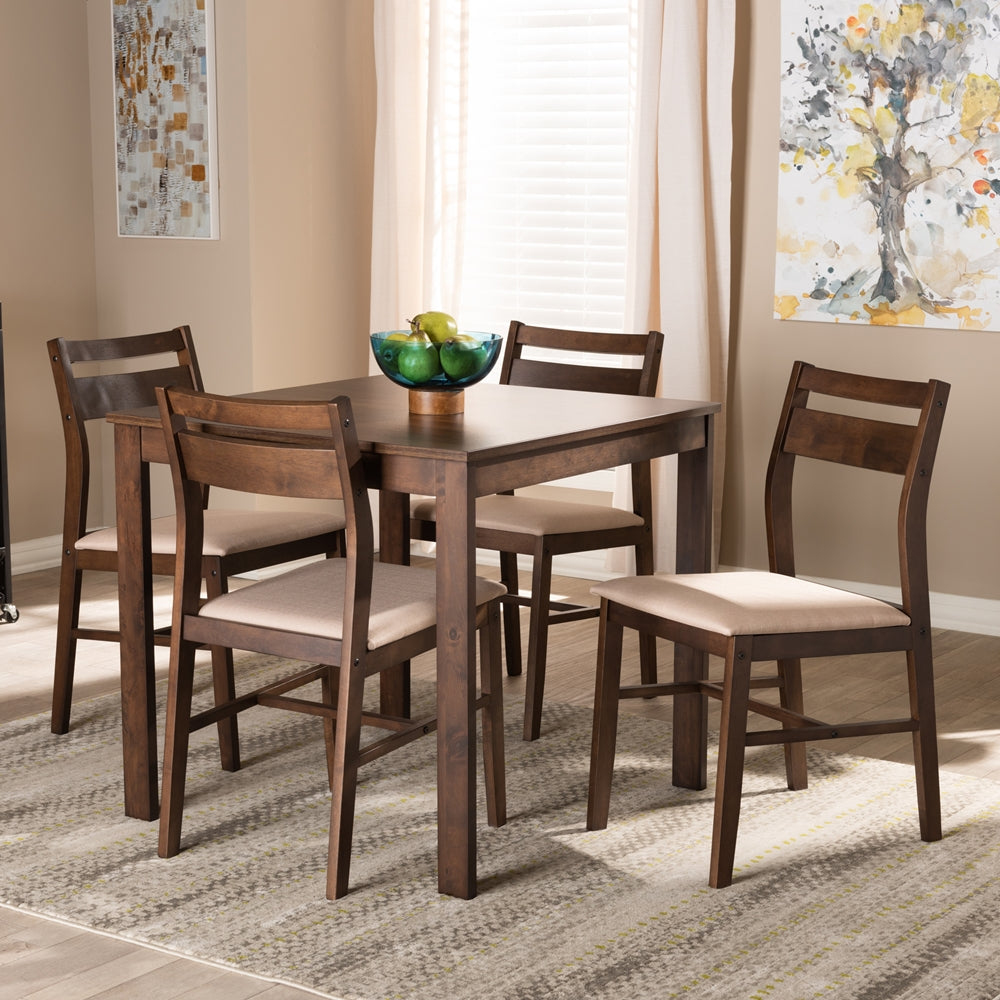 Baxton Studio Lovy Modern And Contemporary Beige Fabric Upholstered Dark Walnut-Finished 5-Piece Wood Dining Set