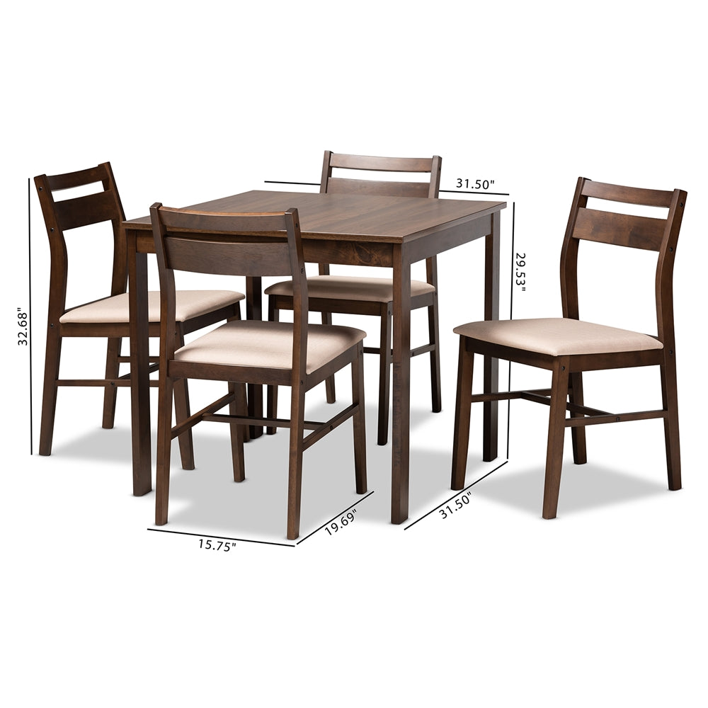 Baxton Studio Lovy Modern And Contemporary Beige Fabric Upholstered Dark Walnut-Finished 5-Piece Wood Dining Set