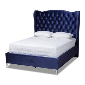 Baxton Studio Hanne Glam And Luxe Purple Blue Velvet Fabric Upholstered Queen Size Wingback Bed