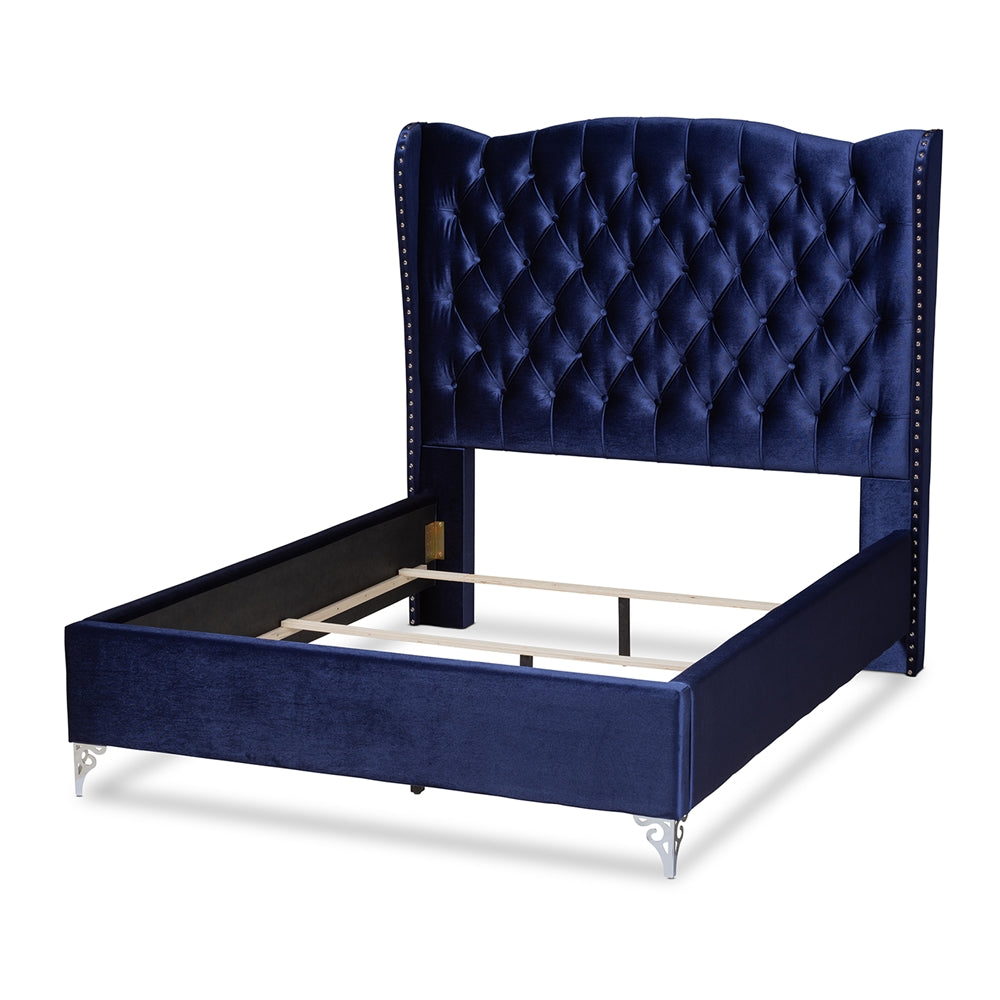 Baxton Studio Hanne Glam And Luxe Purple Blue Velvet Fabric Upholstered King Size Wingback Bed