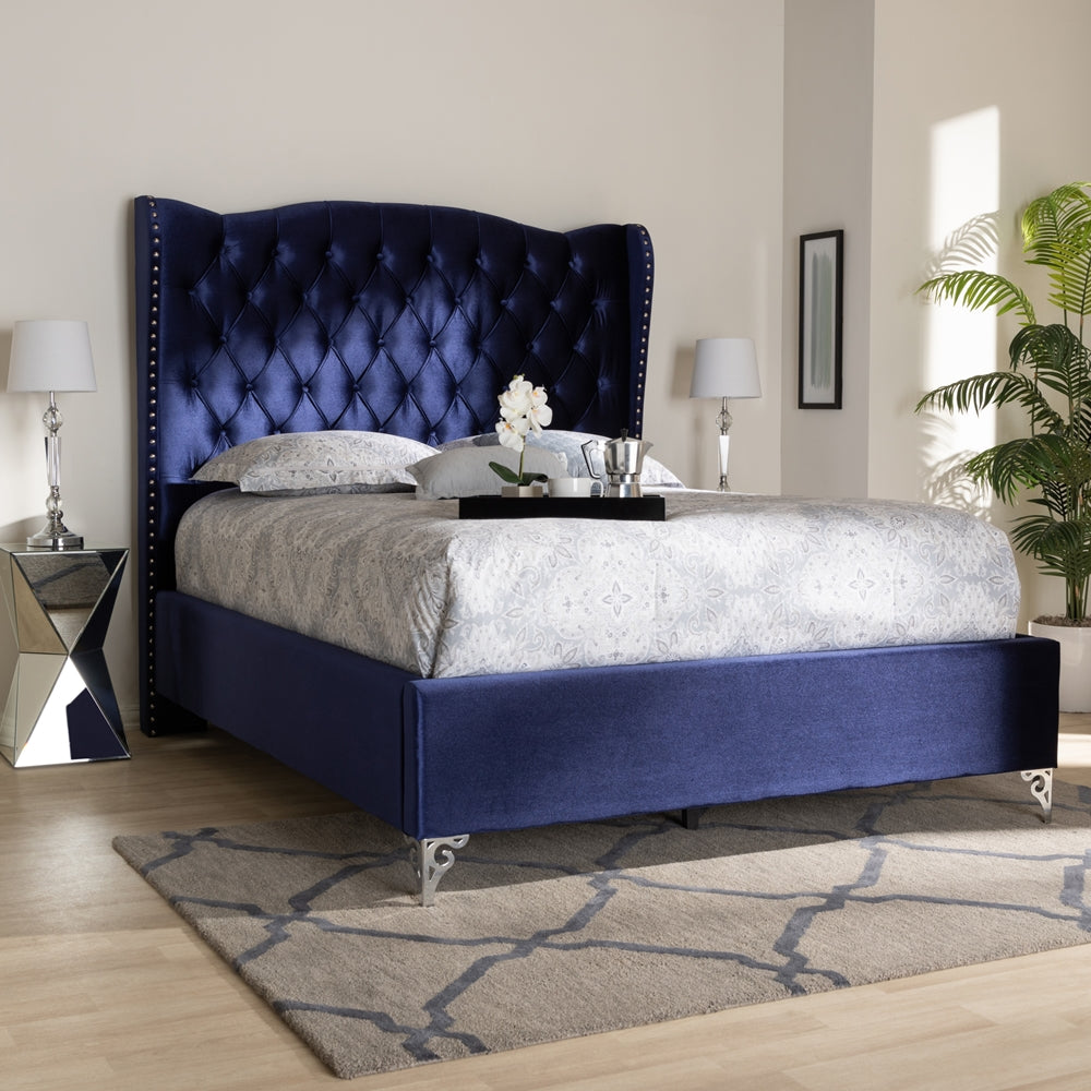 BAXTON STUDIO HANNE GLAM AND LUXE PURPLE BLUE VELVET FABRIC UPHOLSTERED KING SIZE WINGBACK BED