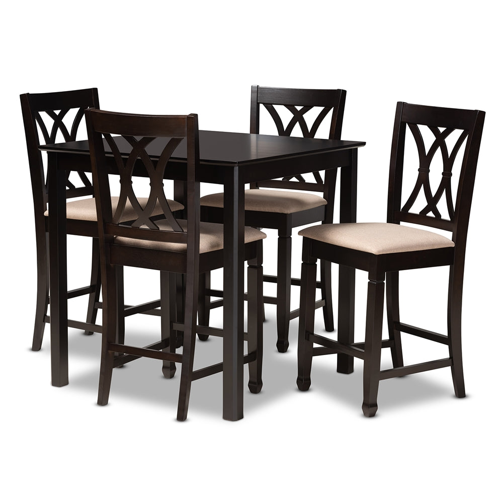 Baxton Studio Reneau Modern And Contemporary Sand Fabric Upholstered Espresso Brown Finished 5-Piece Wood Pub Set