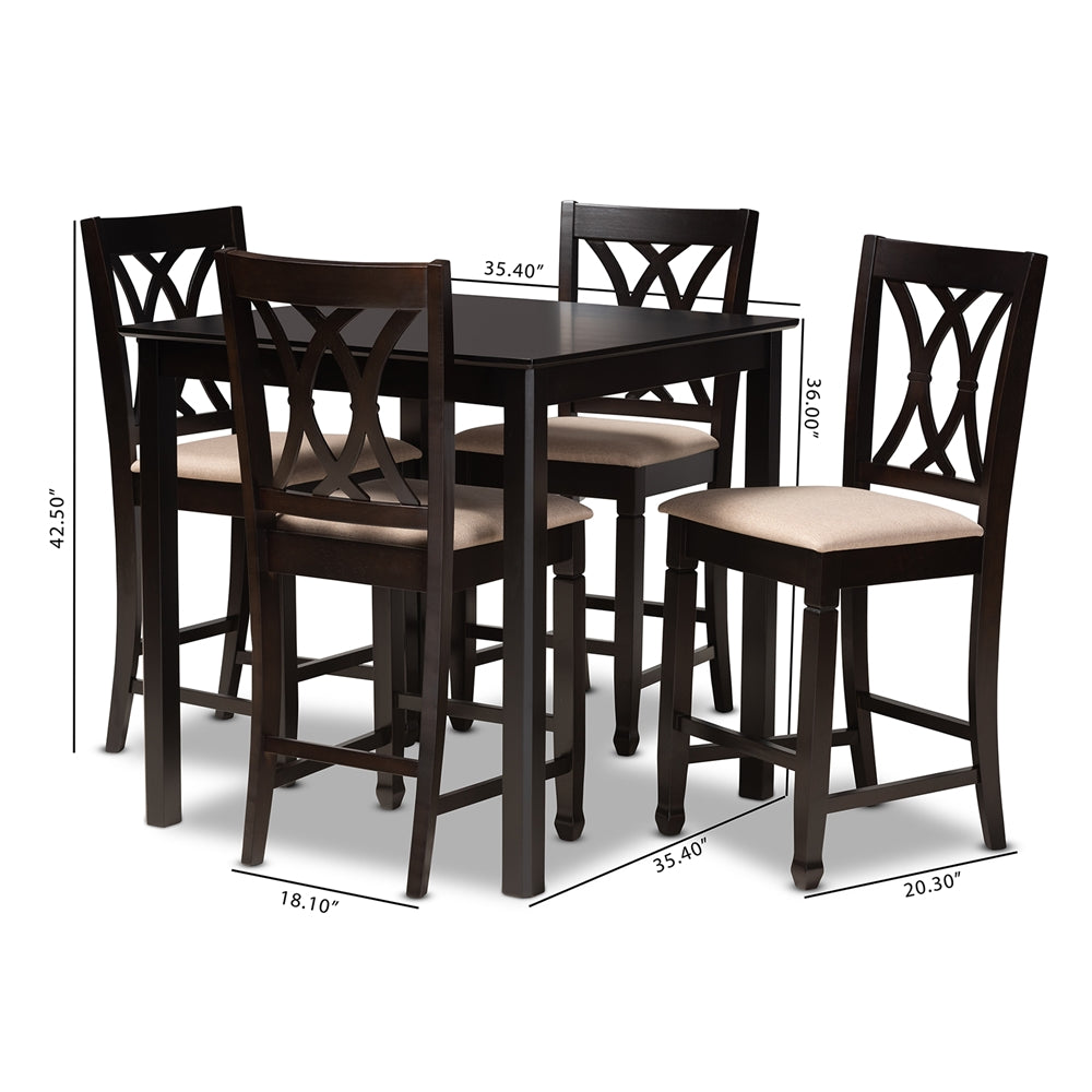 Baxton Studio Reneau Modern And Contemporary Sand Fabric Upholstered Espresso Brown Finished 5-Piece Wood Pub Set