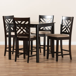 Baxton Studio Caron Modern And Contemporary Sand Fabric Upholstered Espresso Brown Finished 5-Piece Wood Pub Set