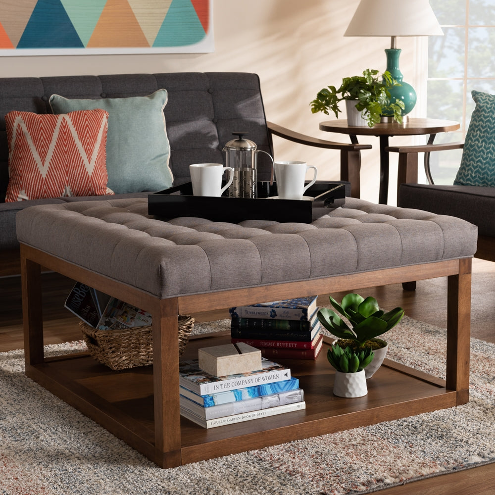 Baxton Studio Alvere Modern And Contemporary Grey Fabric Upholstered Walnut Finished Cocktail Ottoman