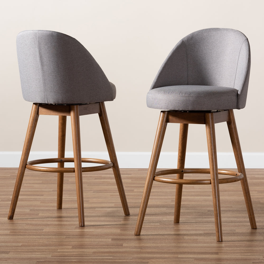 Baxton Studio Carra Mid-Century Modern Grey Fabric Upholstered Walnut-Finished Wood Swivel Bar Stool (Set Of 2)