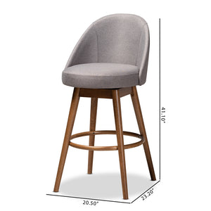 Baxton Studio Carra Mid-Century Modern Grey Fabric Upholstered Walnut-Finished Wood Swivel Bar Stool (Set Of 2)