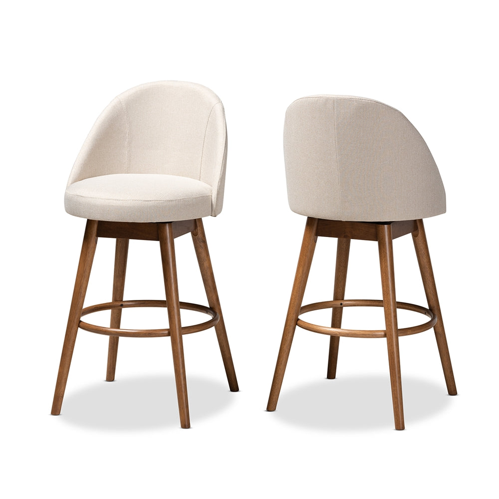 Baxton Studio Carra Mid-Century Modern Light Beige Fabric Upholstered Walnut-Finished Wood 2-Piece Swivel Bar Stool Set