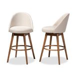 Load image into Gallery viewer, Baxton Studio Carra Mid-Century Modern Light Beige Fabric Upholstered Walnut-Finished Wood 2-Piece Swivel Bar Stool Set
