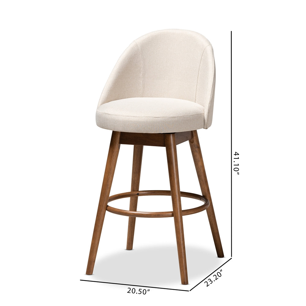 Baxton Studio Carra Mid-Century Modern Light Beige Fabric Upholstered Walnut-Finished Wood 2-Piece Swivel Bar Stool Set