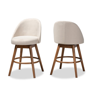 Baxton Studio Carra Mid-Century Modern Light Beige Fabric Upholstered Walnut-Finished Wood Swivel Counter Stool (Set Of 2)