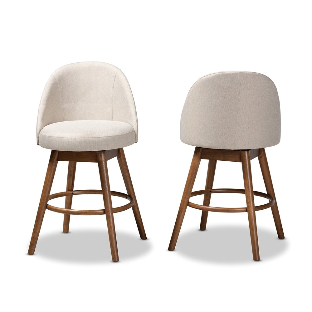 Baxton Studio Carra Mid-Century Modern Light Beige Fabric Upholstered Walnut-Finished Wood Swivel Counter Stool (Set Of 2)