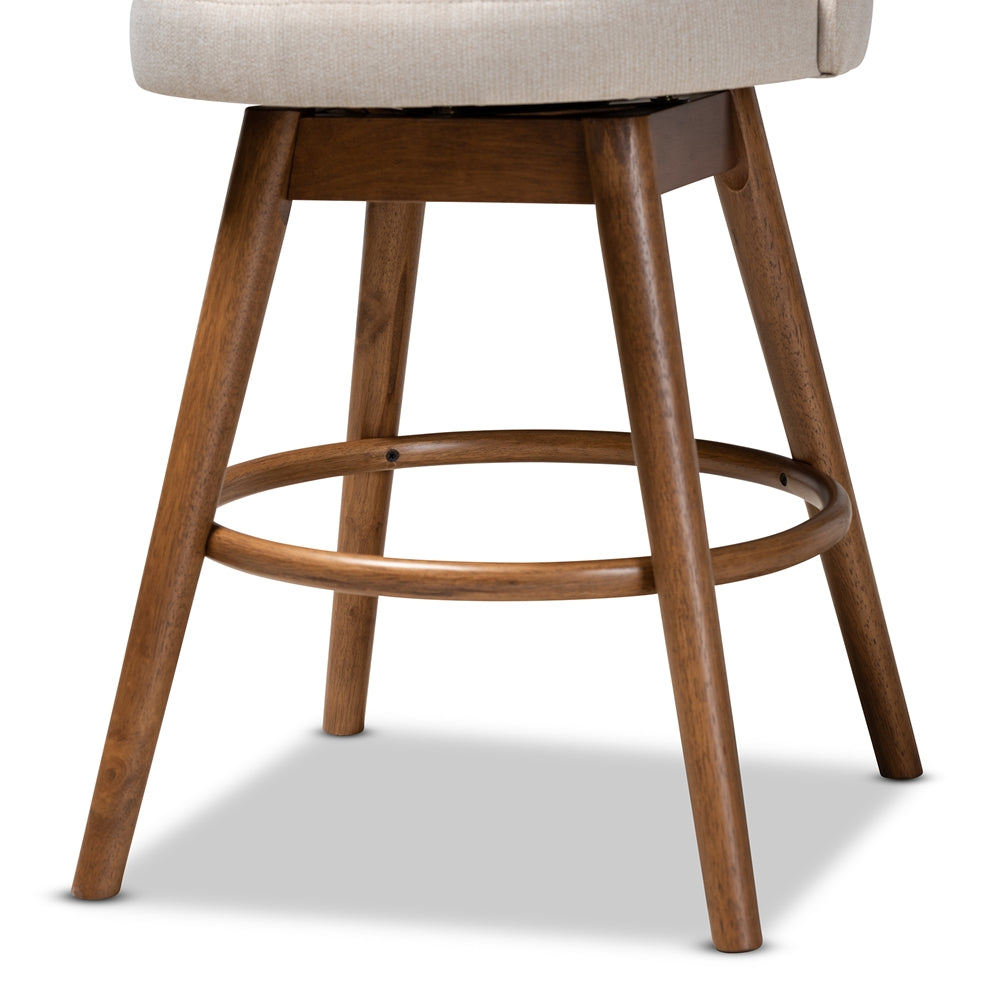 BAXTON STUDIO CARRA MID-CENTURY MODERN LIGHT BEIGE FABRIC UPHOLSTERED WALNUT-FINISHED WOOD SWIVEL COUNTER STOOL (SET OF 2)