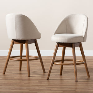 Baxton Studio Carra Mid-Century Modern Light Beige Fabric Upholstered Walnut-Finished Wood Swivel Counter Stool (Set Of 2)