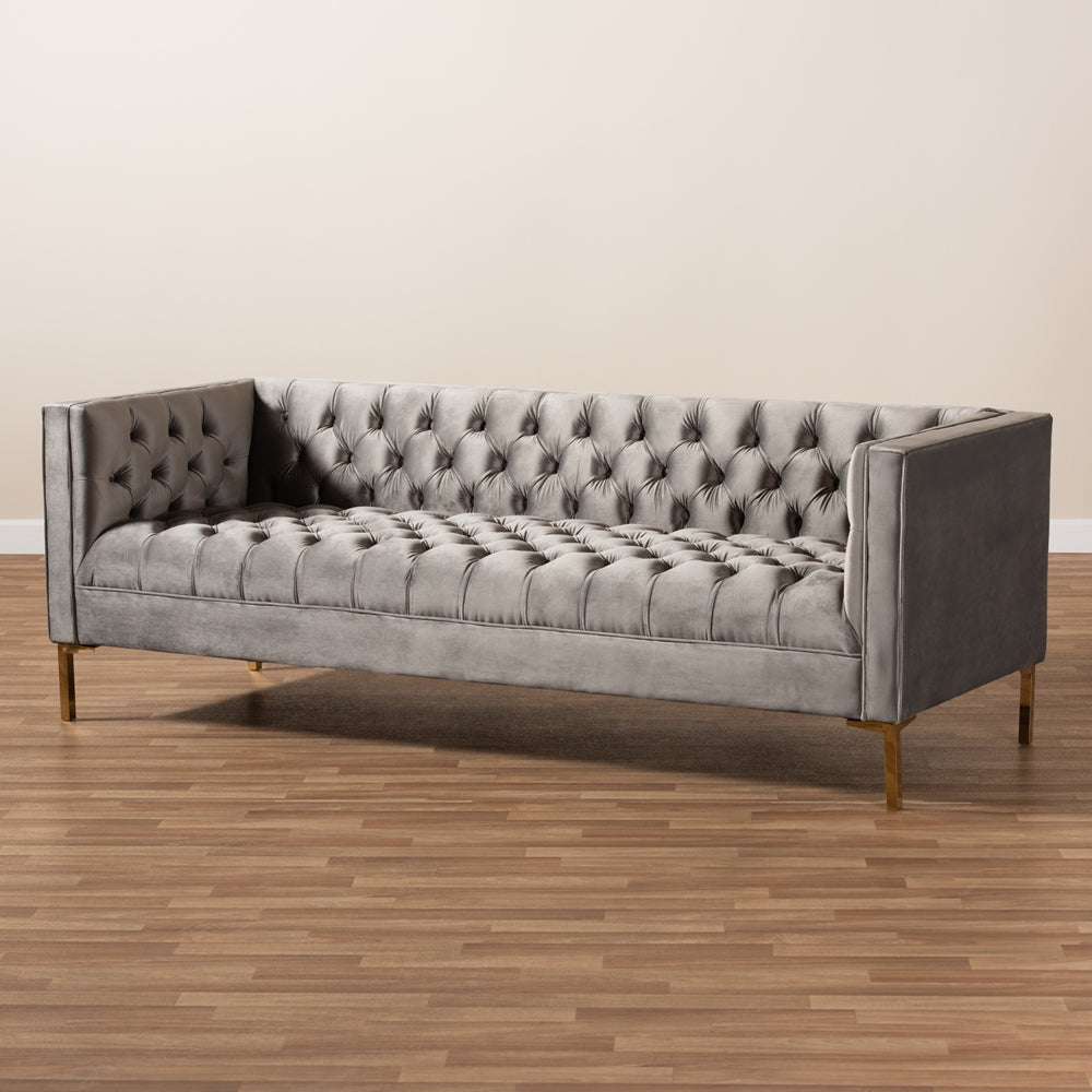 Baxton Studio Zanetta Glam And Luxe Gray Velvet Upholstered Gold Finished Sofa