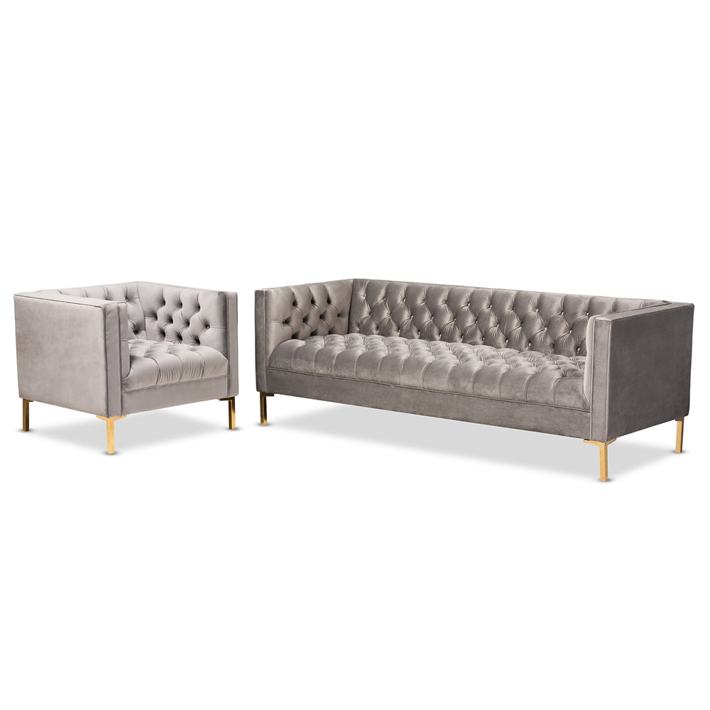 Baxton Studio Zanetta Glam And Luxe Gray Velvet Upholstered Gold Finished 2-Piece Sofa And Lounge Chair Set