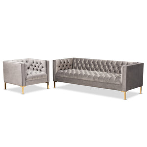 Baxton Studio Zanetta Glam And Luxe Gray Velvet Upholstered Gold Finished 2-Piece Sofa And Lounge Chair Set