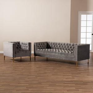 Baxton Studio Zanetta Glam And Luxe Gray Velvet Upholstered Gold Finished 2-Piece Sofa And Lounge Chair Set