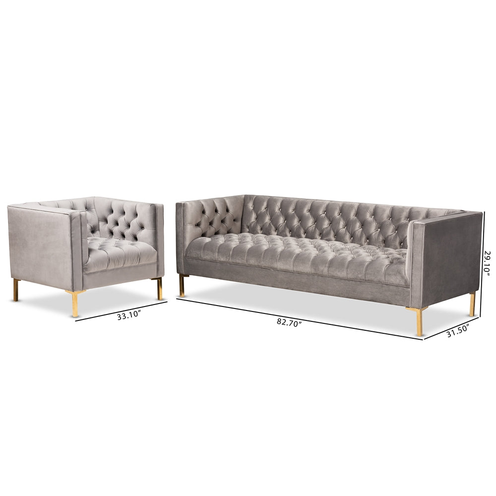 Baxton Studio Zanetta Glam And Luxe Gray Velvet Upholstered Gold Finished 2-Piece Sofa And Lounge Chair Set