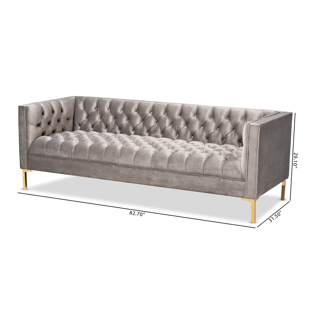 Baxton Studio Zanetta Glam And Luxe Gray Velvet Upholstered Gold Finished Sofa