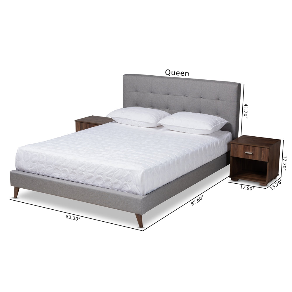 Baxton Studio Maren Mid-Century Modern Light Grey Fabric Upholstered Queen Size Platform Bed With Two Nightstands