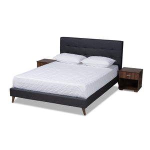 Baxton Studio Maren Mid-Century Modern Dark Grey Fabric Upholstered Queen Size Platform Bed With Two Nightstands