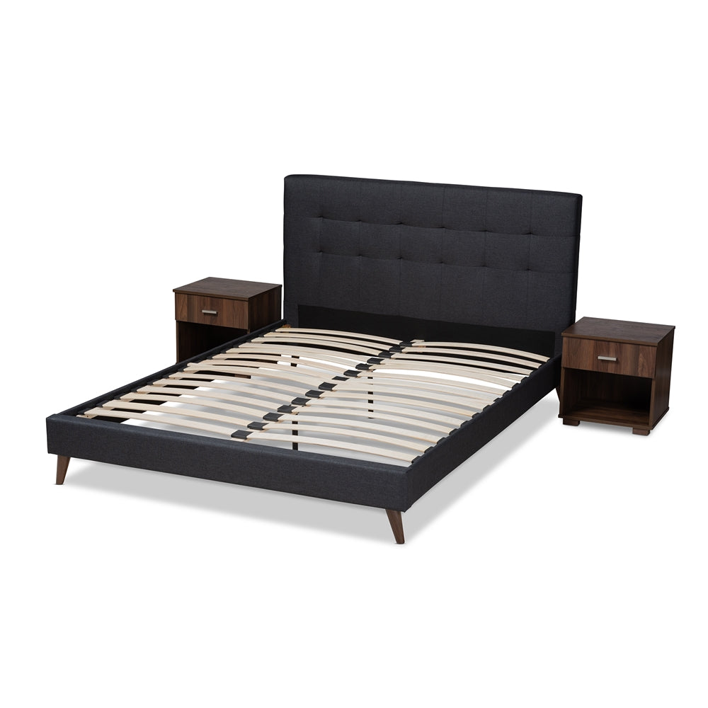 Baxton Studio Maren Mid-Century Modern Dark Grey Fabric Upholstered Queen Size Platform Bed With Two Nightstands