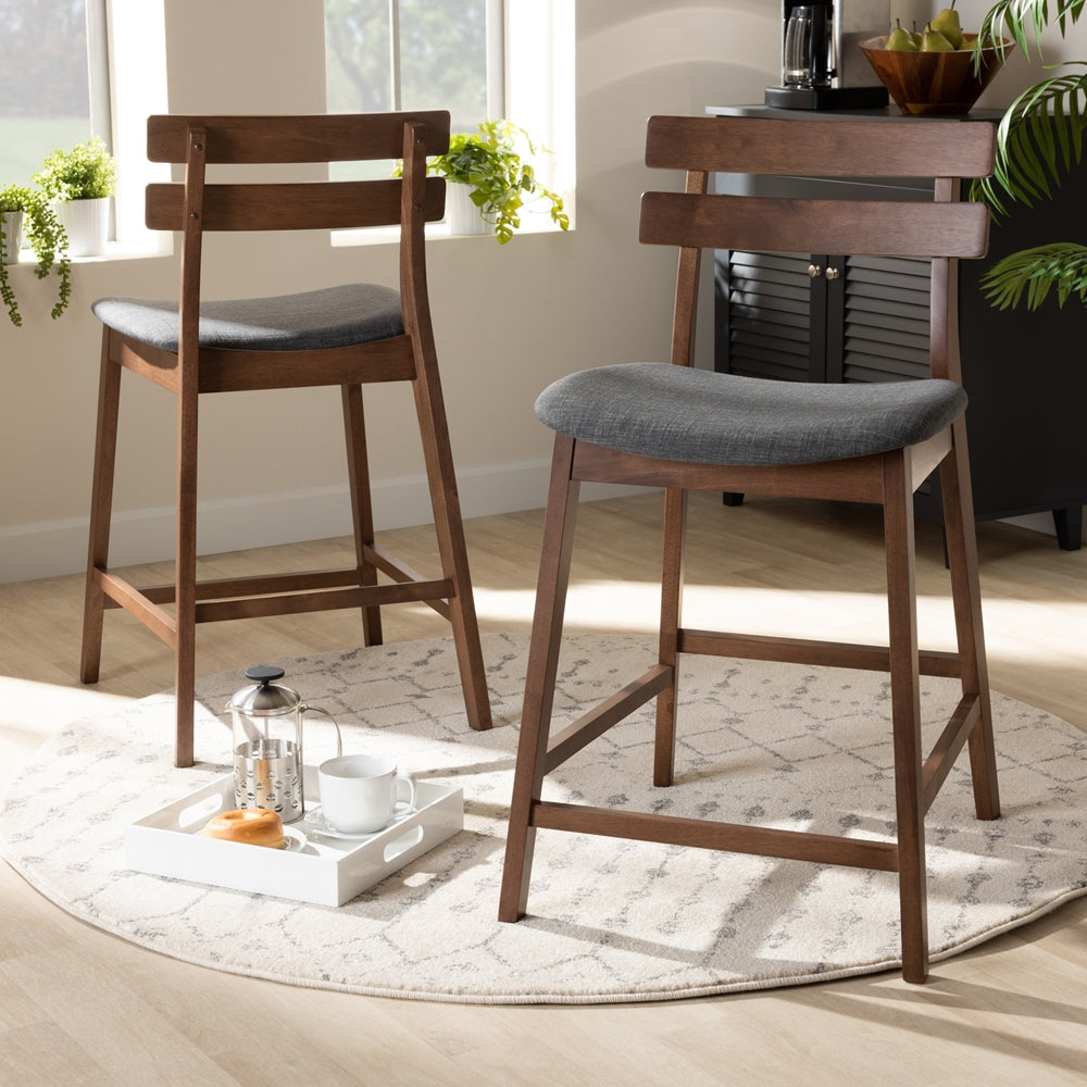 Baxton Studio Larine Modern And Contemporary Dark Grey Fabric Upholstered Walnut Finished 2-Piece Wood Counter Stool Set