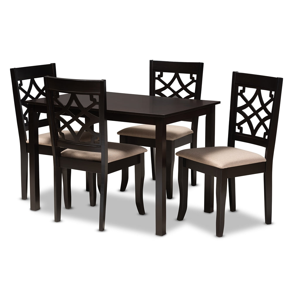 Baxton Studio Mael Modern And Contemporary Sand Fabric Upholstered Espresso Brown Finished 5-Piece Wood Dining Set