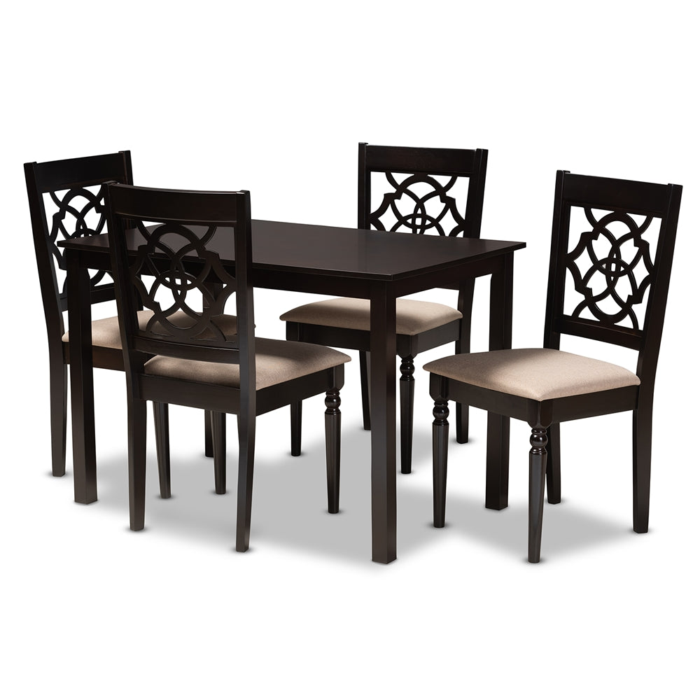 Baxton Studio Renaud Modern And Contemporary Sand Fabric Upholstered Espresso Brown Finished 5-Piece Wood Dining Set