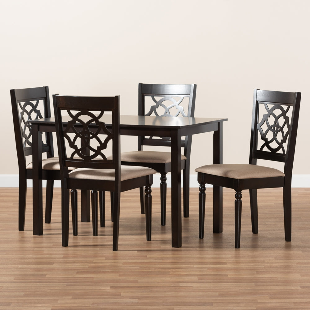 Baxton Studio Renaud Modern And Contemporary Sand Fabric Upholstered Espresso Brown Finished 5-Piece Wood Dining Set