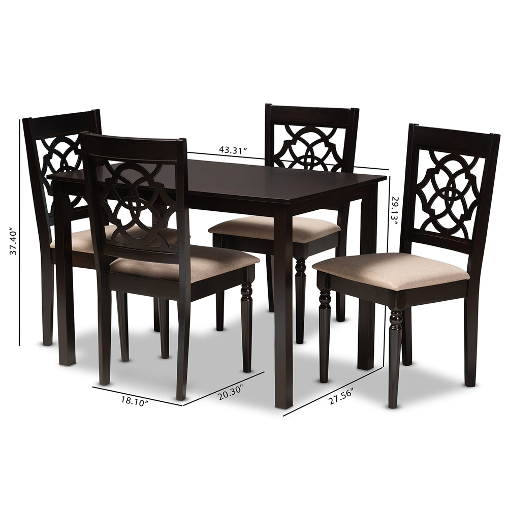 Baxton Studio Renaud Modern And Contemporary Sand Fabric Upholstered Espresso Brown Finished 5-Piece Wood Dining Set