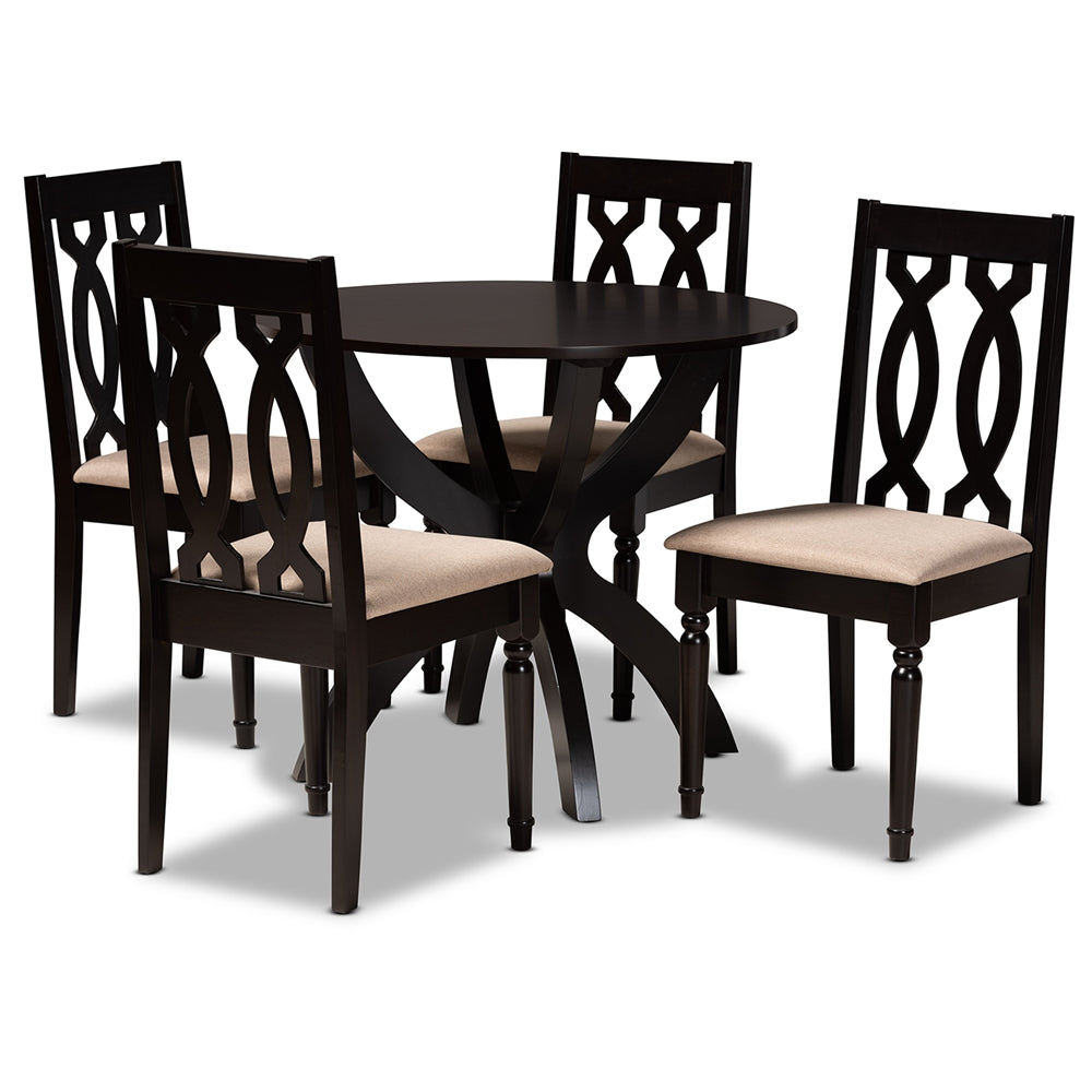 Baxton Studio Mona Modern And Contemporary Sand Fabric Upholstered And Dark Brown Finished Wood 5-Piece Dining Set