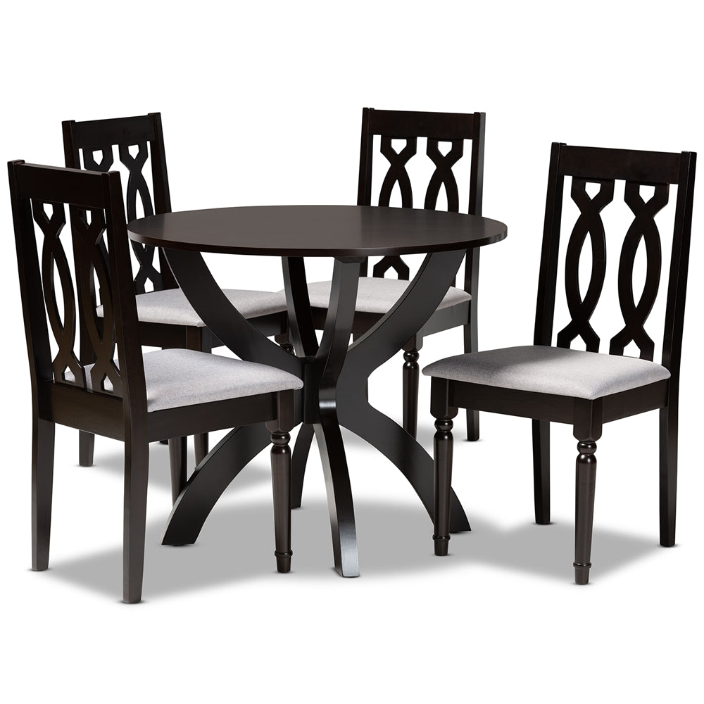 Baxton Studio Mona Modern And Contemporary Grey Fabric Upholstered And Dark Brown Finished Wood 5-Piece Dining Set