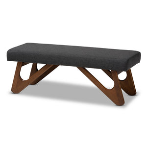 Baxton Studio Rika Mid-Century Modern Fabric Upholstered Walnut Brown Finished Boomerang Bench