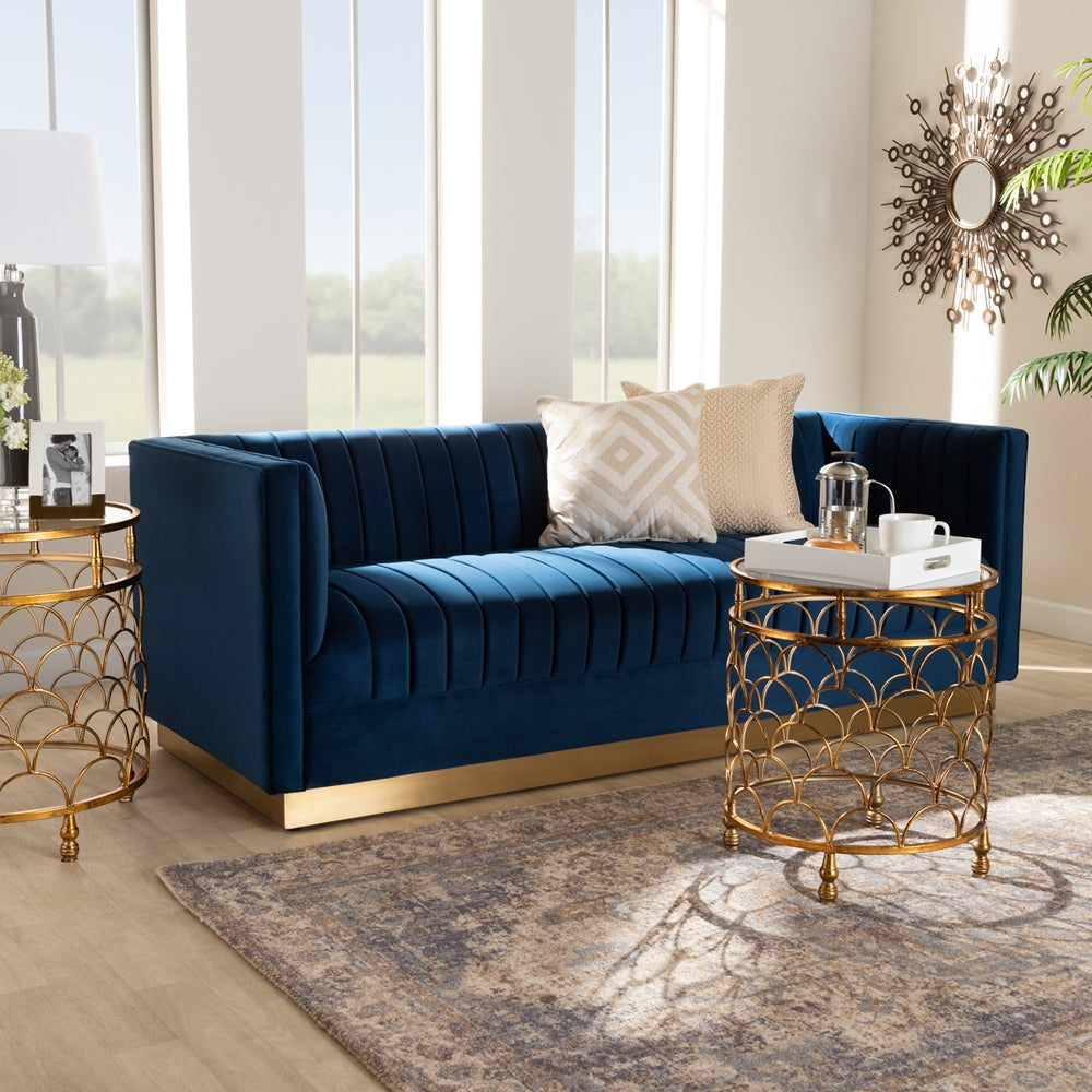 Baxton Studio Aveline Glam And Luxe Navy Blue Velvet Fabric Upholstered Brushed Gold Finished Sofa