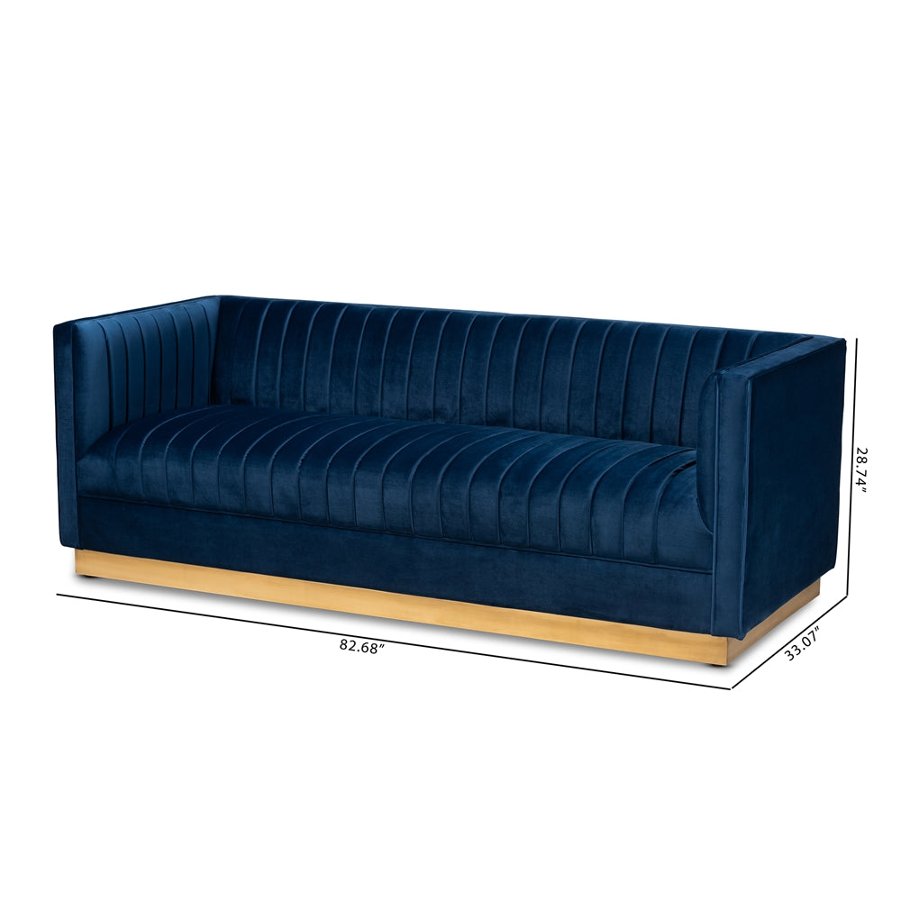 Baxton Studio Aveline Glam And Luxe Navy Blue Velvet Fabric Upholstered Brushed Gold Finished Sofa