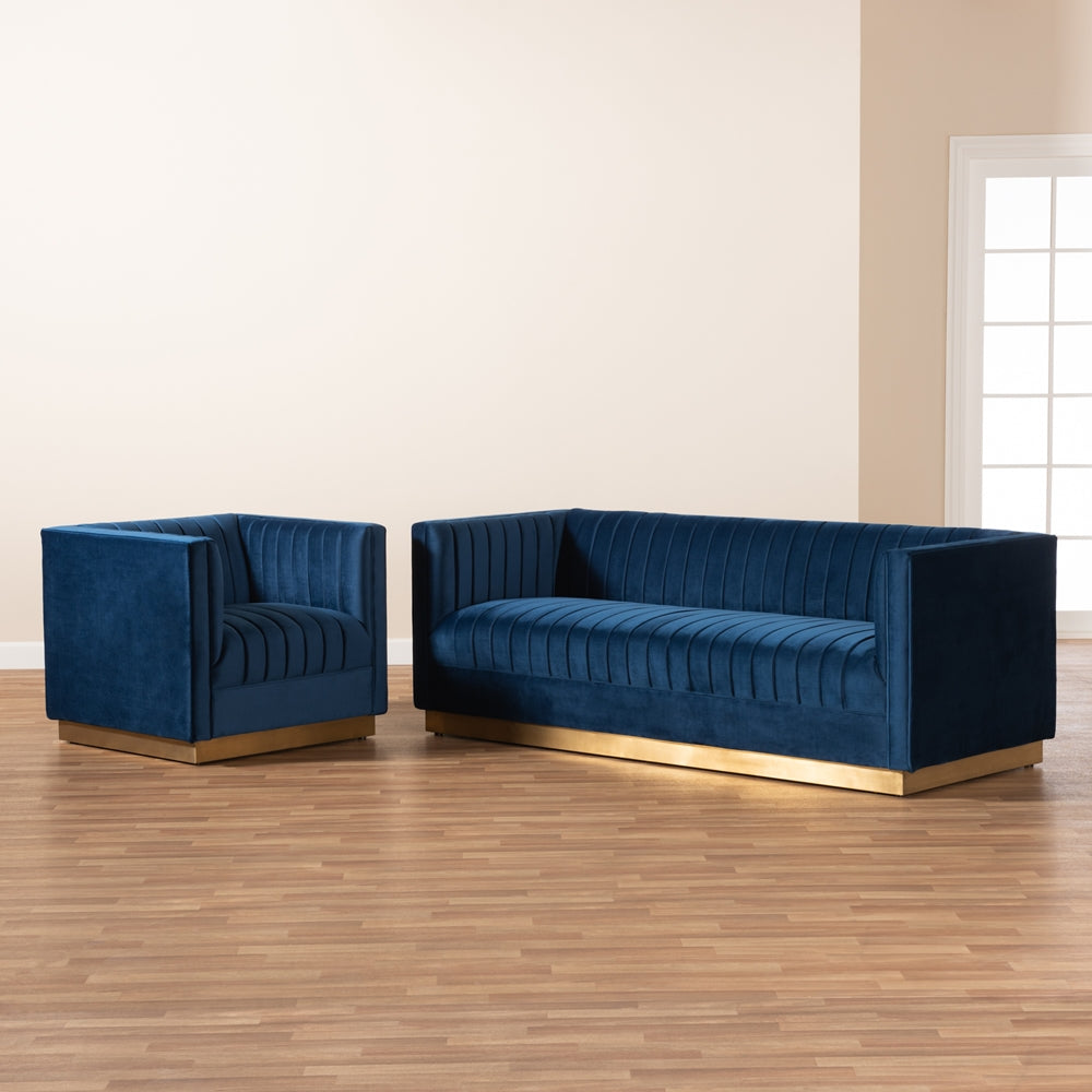 Baxton Studio Aveline Glam And Luxe Navy Blue Velvet Fabric Upholstered Brushed Gold Finished 2-Piece Living Room Set