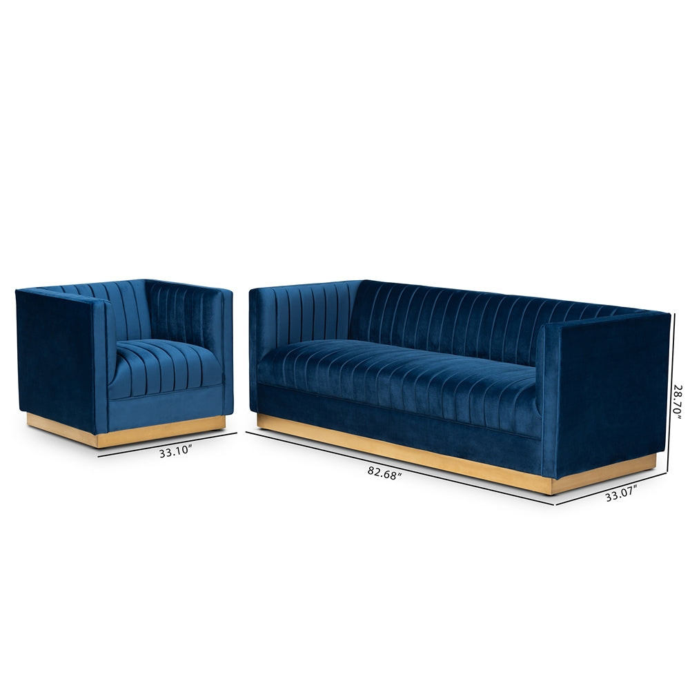 Baxton Studio Aveline Glam And Luxe Navy Blue Velvet Fabric Upholstered Brushed Gold Finished 2-Piece Living Room Set