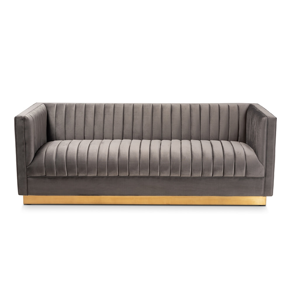 Baxton Studio Aveline Glam And Luxe Grey Velvet Fabric Upholstered Brushed Gold Finished Sofa