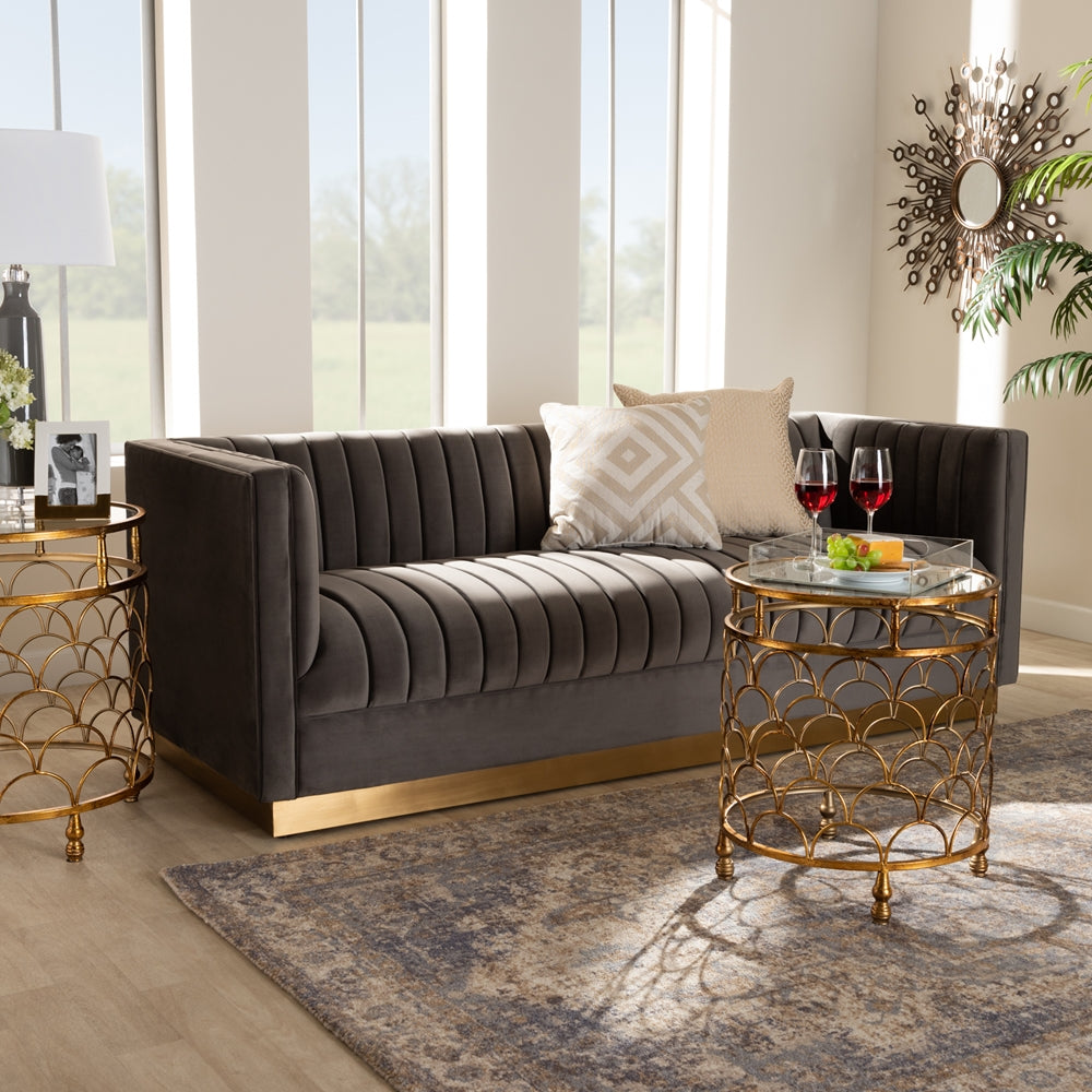 Baxton Studio Aveline Glam And Luxe Grey Velvet Fabric Upholstered Brushed Gold Finished Sofa