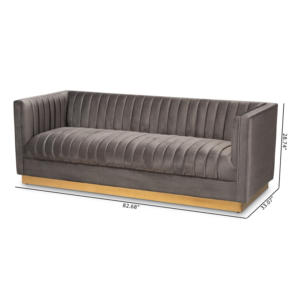 Baxton Studio Aveline Glam And Luxe Grey Velvet Fabric Upholstered Brushed Gold Finished Sofa