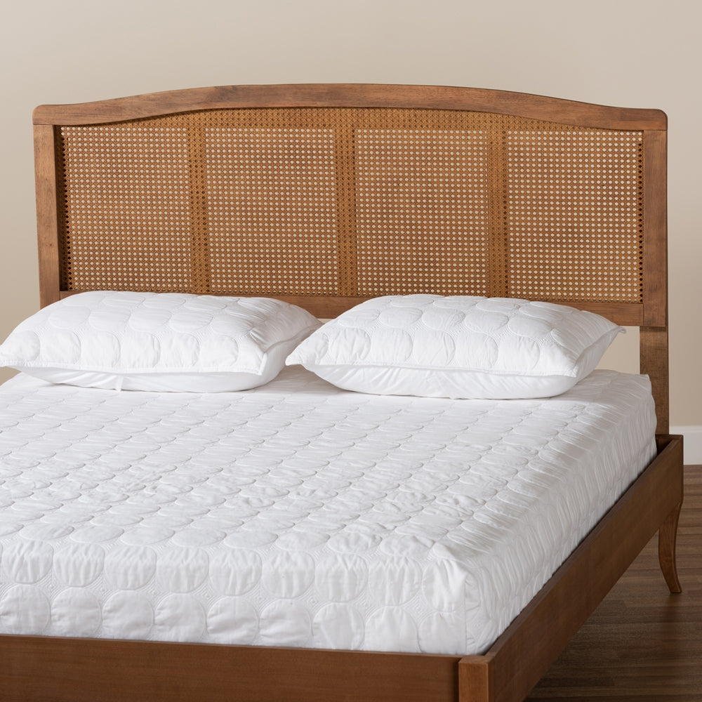 BAXTON STUDIO MARIEKE MID-CENTURY MODERN ASH WANUT FINISHED WOOD AND SYNTHETIC RATTAN FULL SIZE HEADBOARD