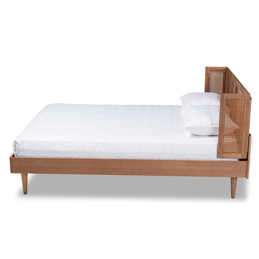 Baxton Studio Rina Mid-Century Modern Ash Walnut Finished Wood And Synthetic Rattan Platform Bed With Wrap-Around Headboard