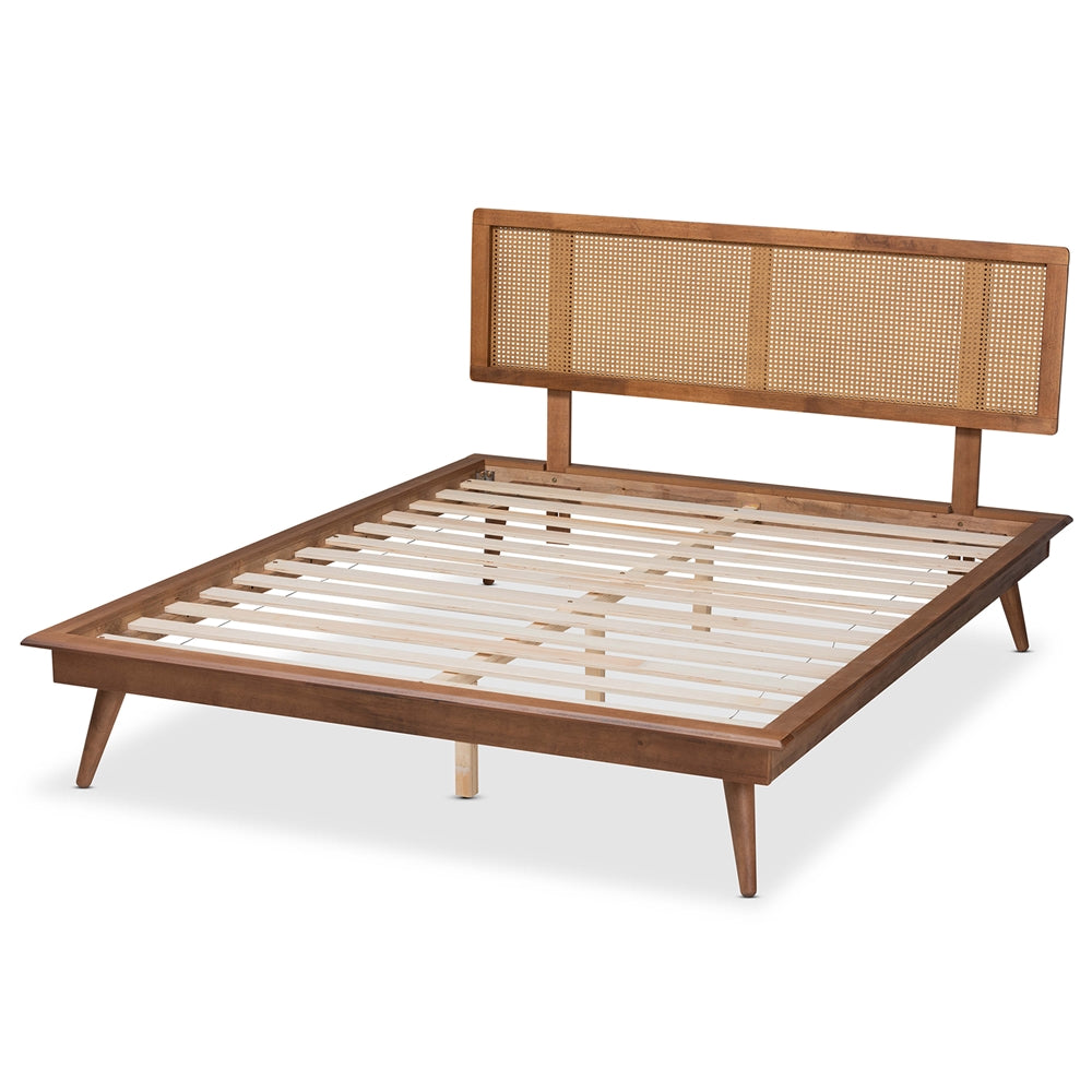 Baxton Studio Nura Mid-Century Modern Finished Wood and Synthetic Rattan Platform Bed